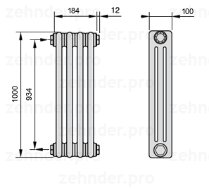 Схема (чертеж) Радиатор Zehnder Charleston 3100/4 №1270 Белый глянцевый RAL 9016